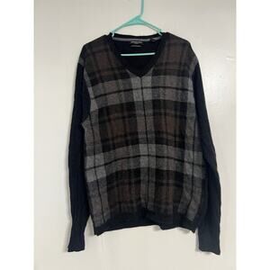Impermeable Merino Wool/ Cashmere V-neck Sweater Black Plaid Men's Size L